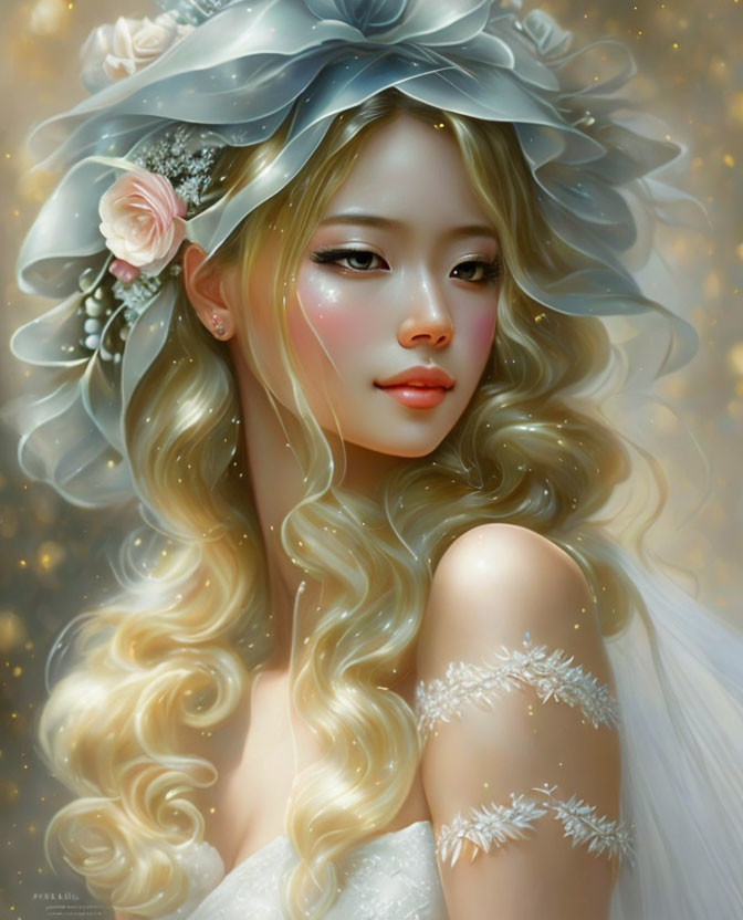 Blond Woman with Blue Veil and Flowers Illustration