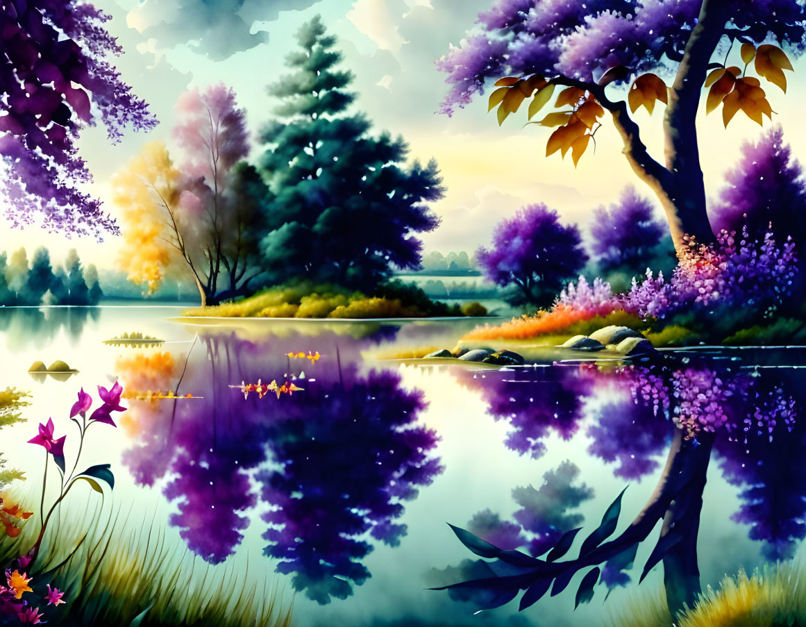 Colorful Landscape Painting: Purple Foliage, Evergreen Trees, Serene Lake