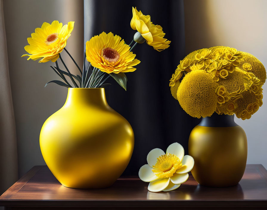 Vibrant yellow flowers in yellow vases on wooden surface