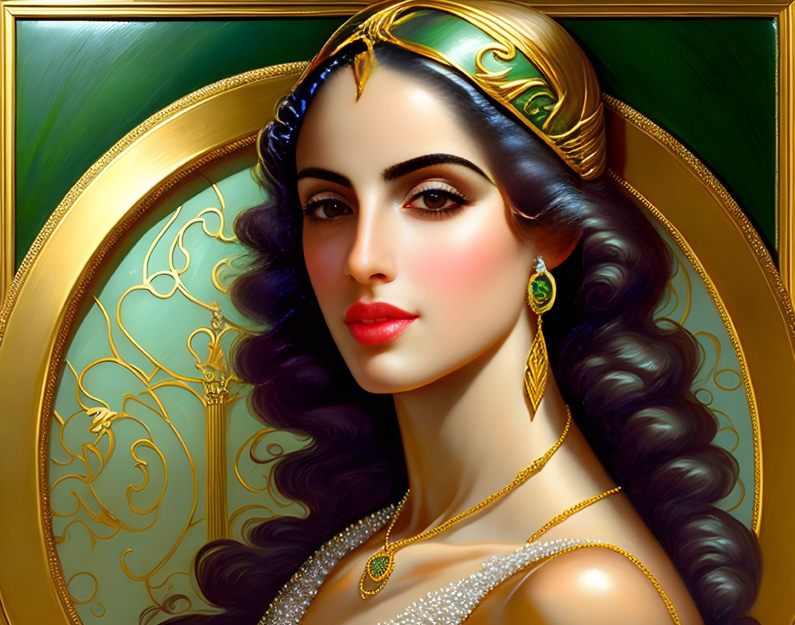 Detailed illustration of woman with dark hair and golden jewelry on ornate background