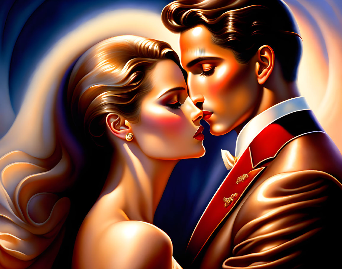 Illustration of romantic couple in red-trimmed tuxedo and flowing blonde hair