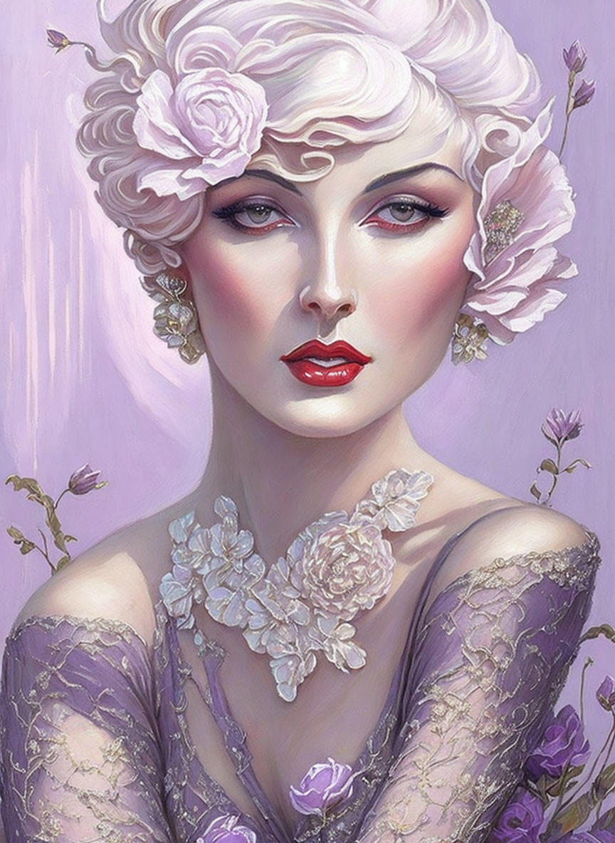 Illustrated portrait of elegant woman with white flowers, red lips, dramatic makeup, and lilac dress