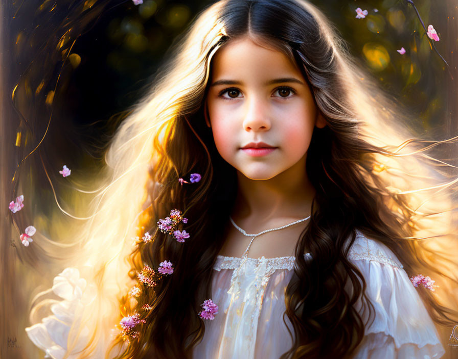 Portrait of young girl with long hair and pink flowers in white dress against sunlit backdrop