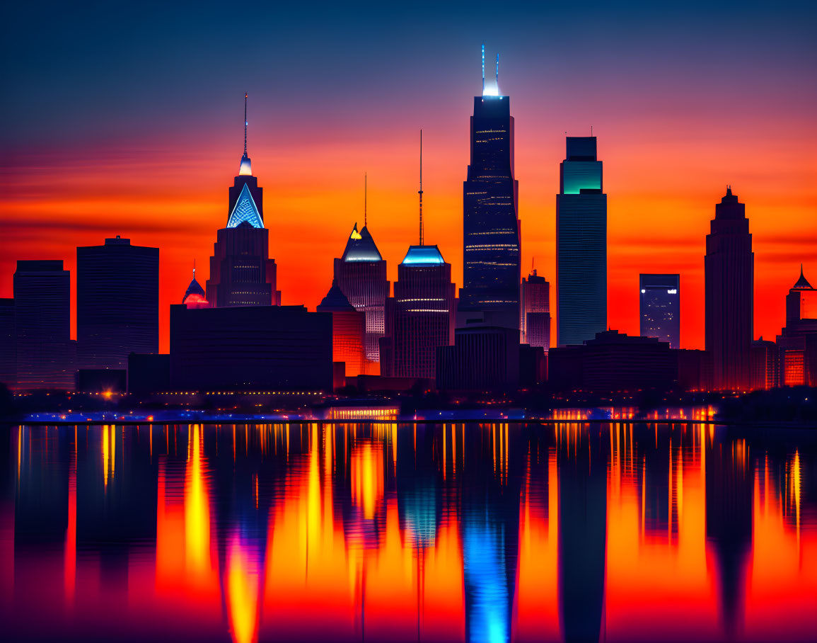 City skyline against vibrant sunset reflected in calm water