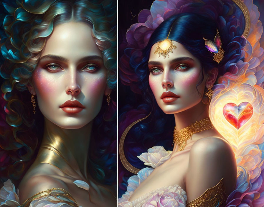 Fantasy women portraits with elaborate hairstyles, vibrant makeup, golden jewelry, and floral surroundings