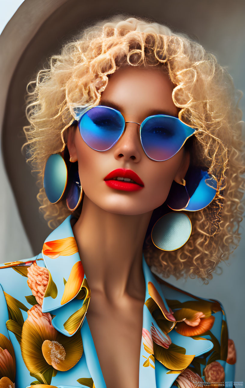 Blonde woman in floral outfit with blue sunglasses