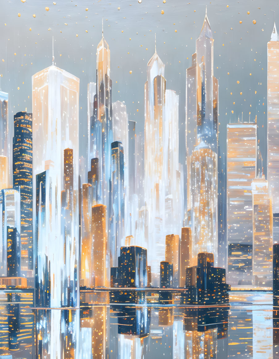 City skyline painting with skyscrapers and water reflections in warm hues and golden specks.