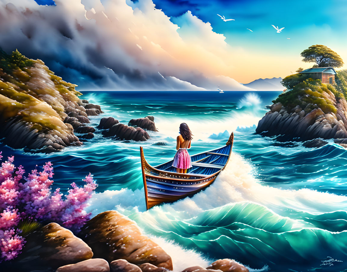 Woman in boat admiring ocean view with rocky cliffs, house, and pink blossoms.