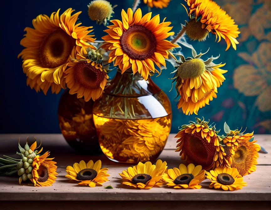 Sunflower bouquet in glass vase on wooden surface with scattered petals