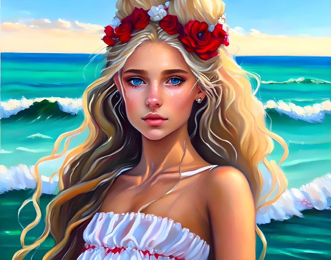 Young woman digital portrait with blonde hair, blue eyes, red flowers, ocean backdrop