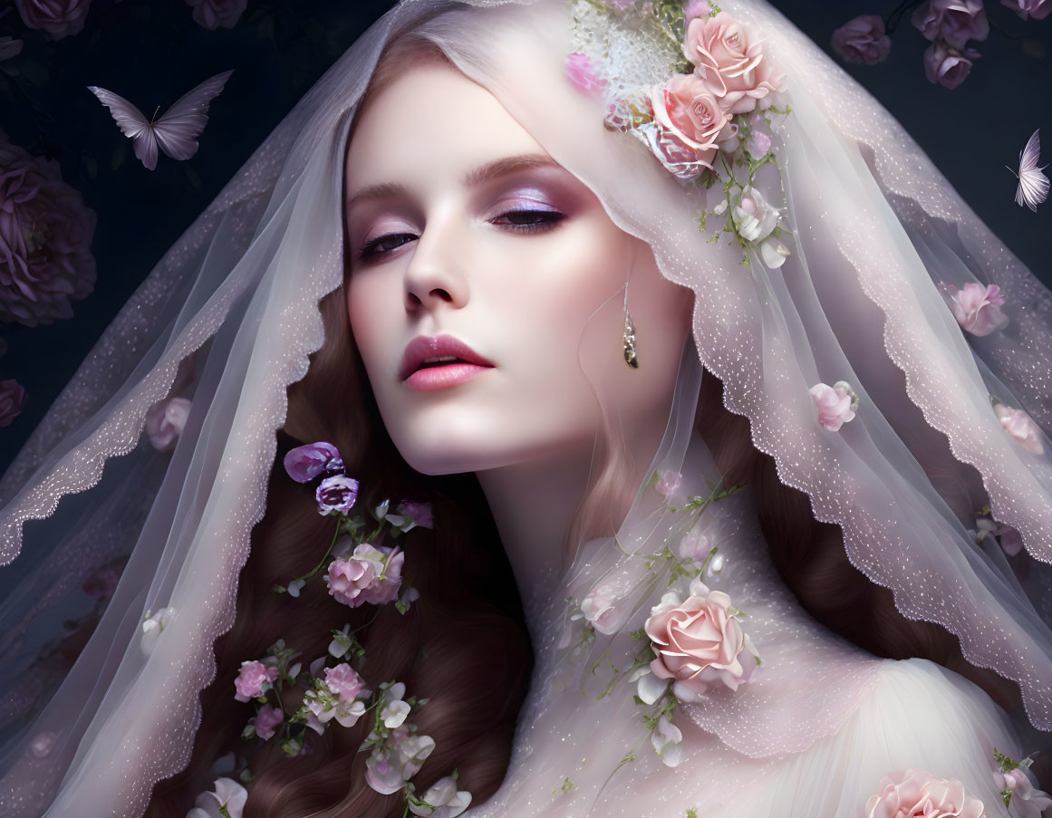 Bride portrait with floral veil and butterflies