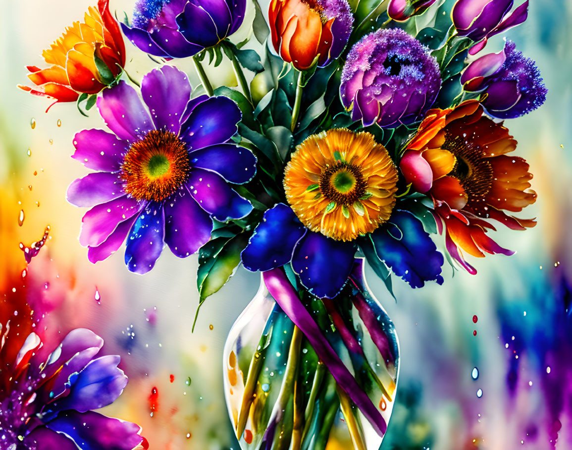 Multicolored flower bouquet with water droplets on vibrant background