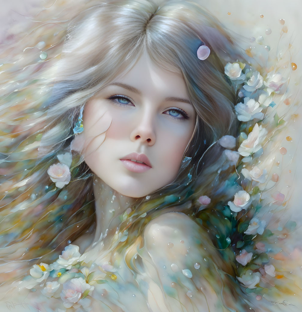 Young woman with flowers in hair gazing into distance on light-infused backdrop