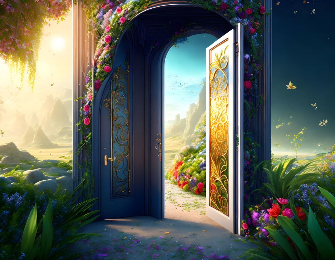 Ornate open door reveals vibrant sunlit landscape