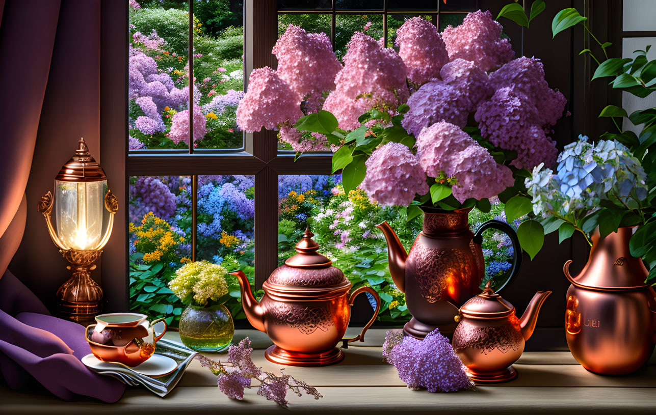 Cozy window scene with blooming hydrangeas, copper teapots, tea cup, and