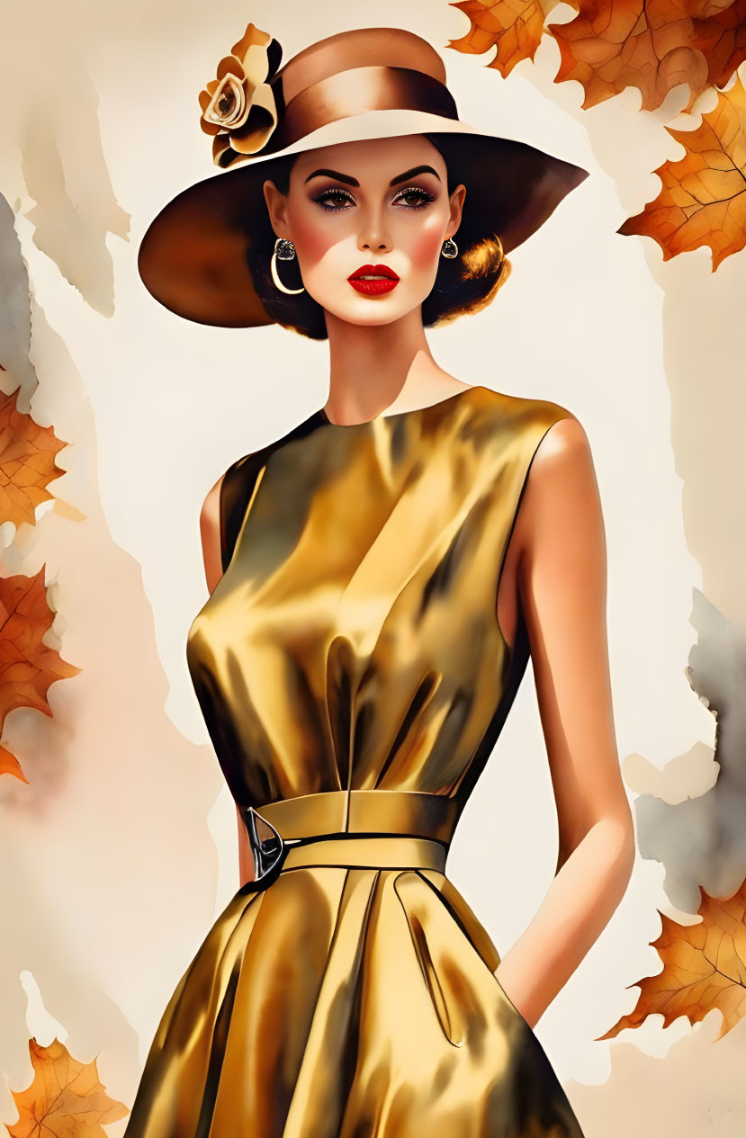 Vintage Gold Dress Woman with Wide-Brimmed Hat and Rose in Autumn Setting