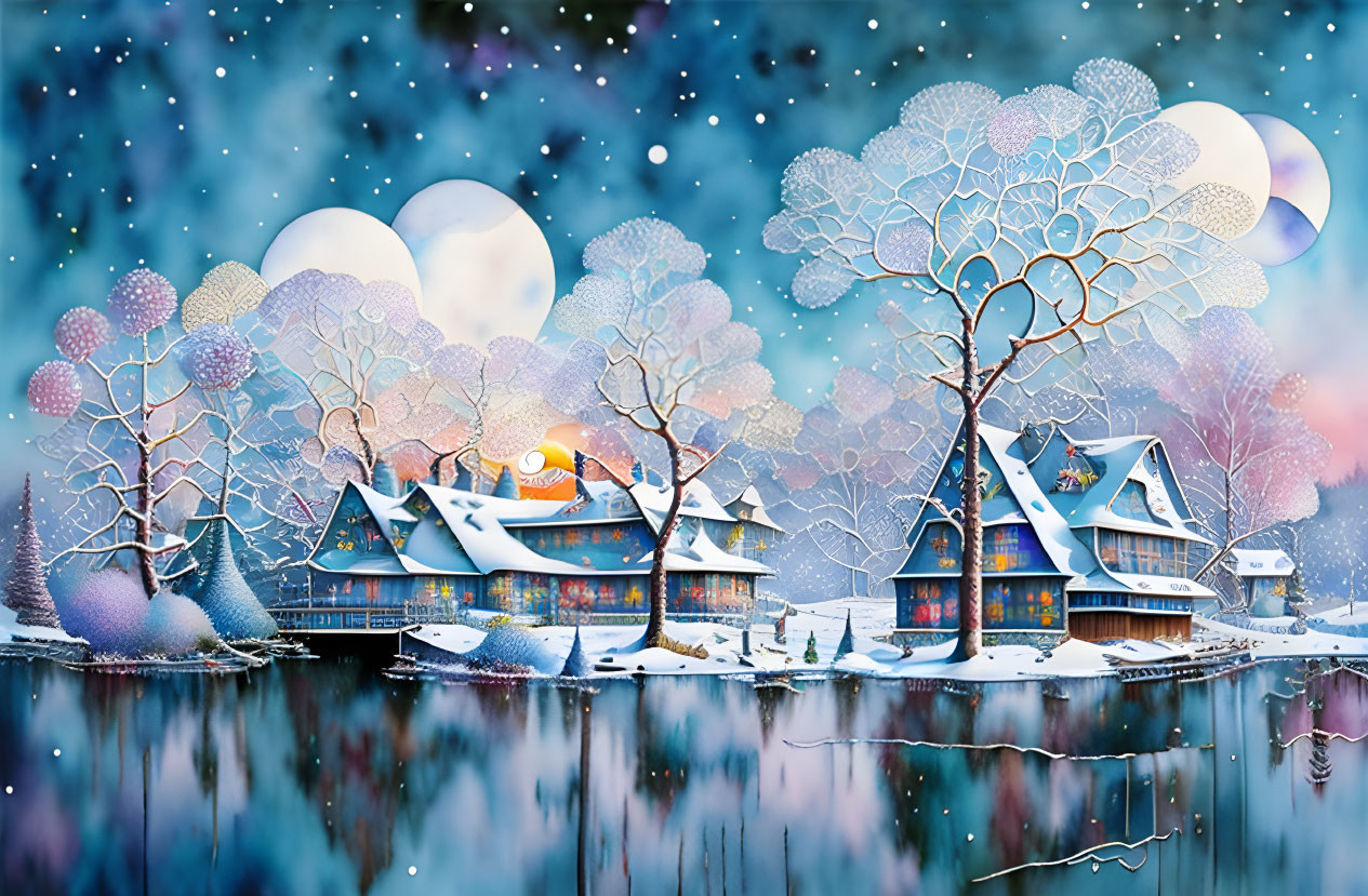 Snow-covered chalets, colorful trees, serene lake in winter landscape