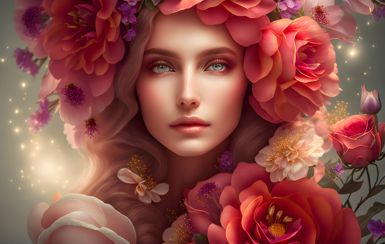 Detailed digital portrait of woman with blue eyes and flowers