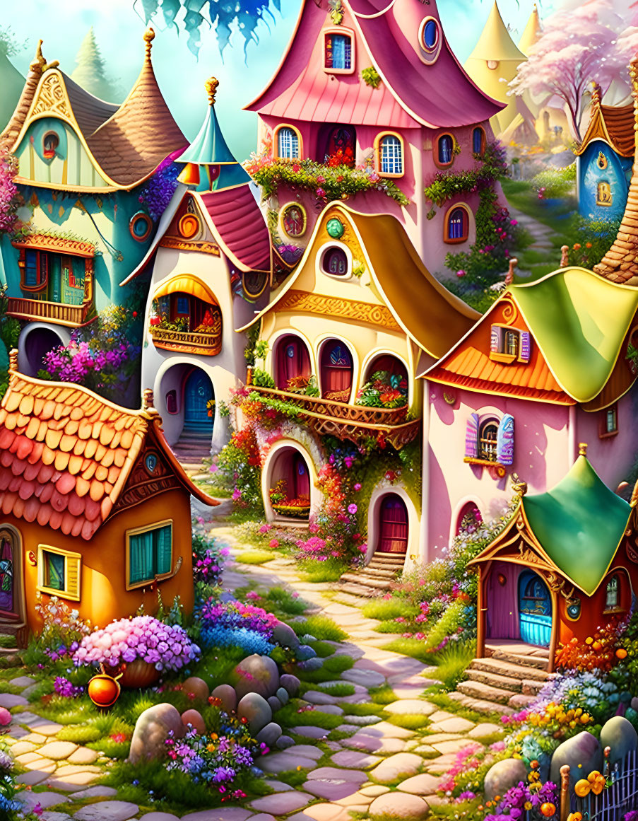 Whimsical fairy tale village with colorful houses and cobblestone paths