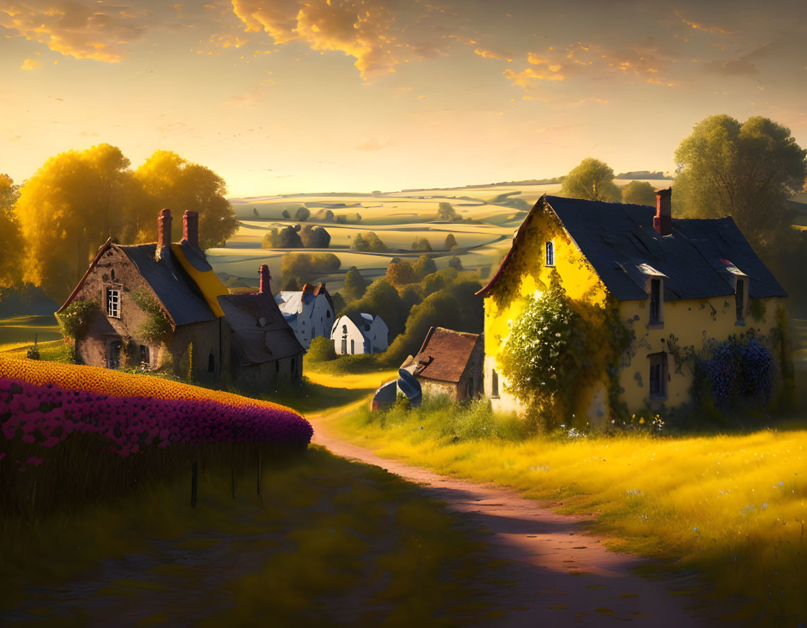 Tranquil rural sunset over cozy houses and flowering fields