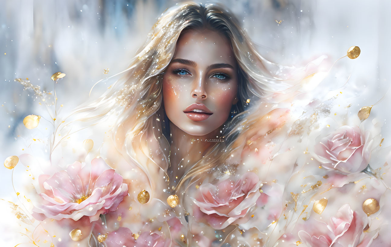 Blonde Woman with Blue Eyes Surrounded by Pink Flowers in Winter Scene