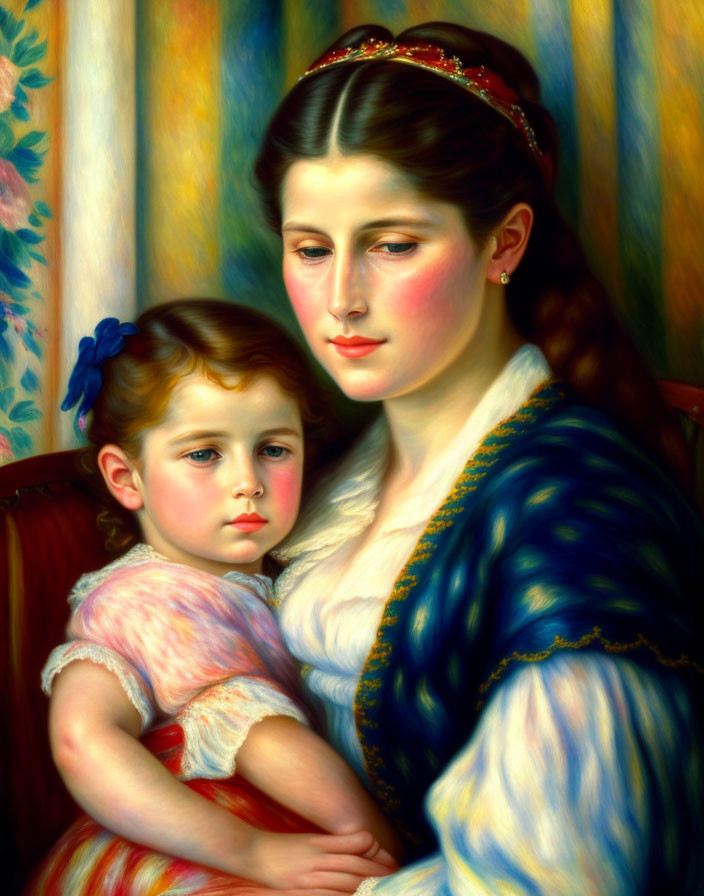 Classic-style painting of woman and child with red headband and pink dress, sharing affectionate gaze