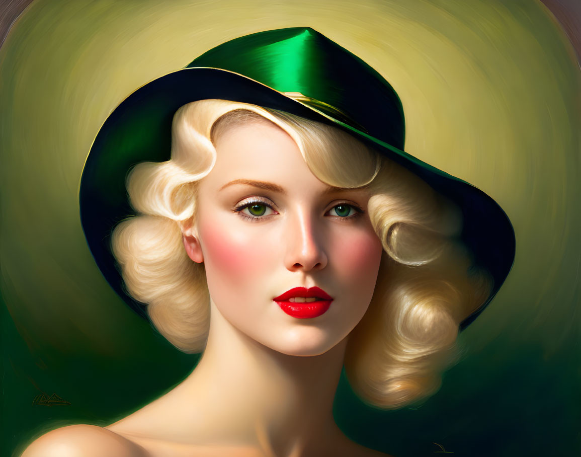 Stylized portrait of woman with blonde hair and green hat on golden background