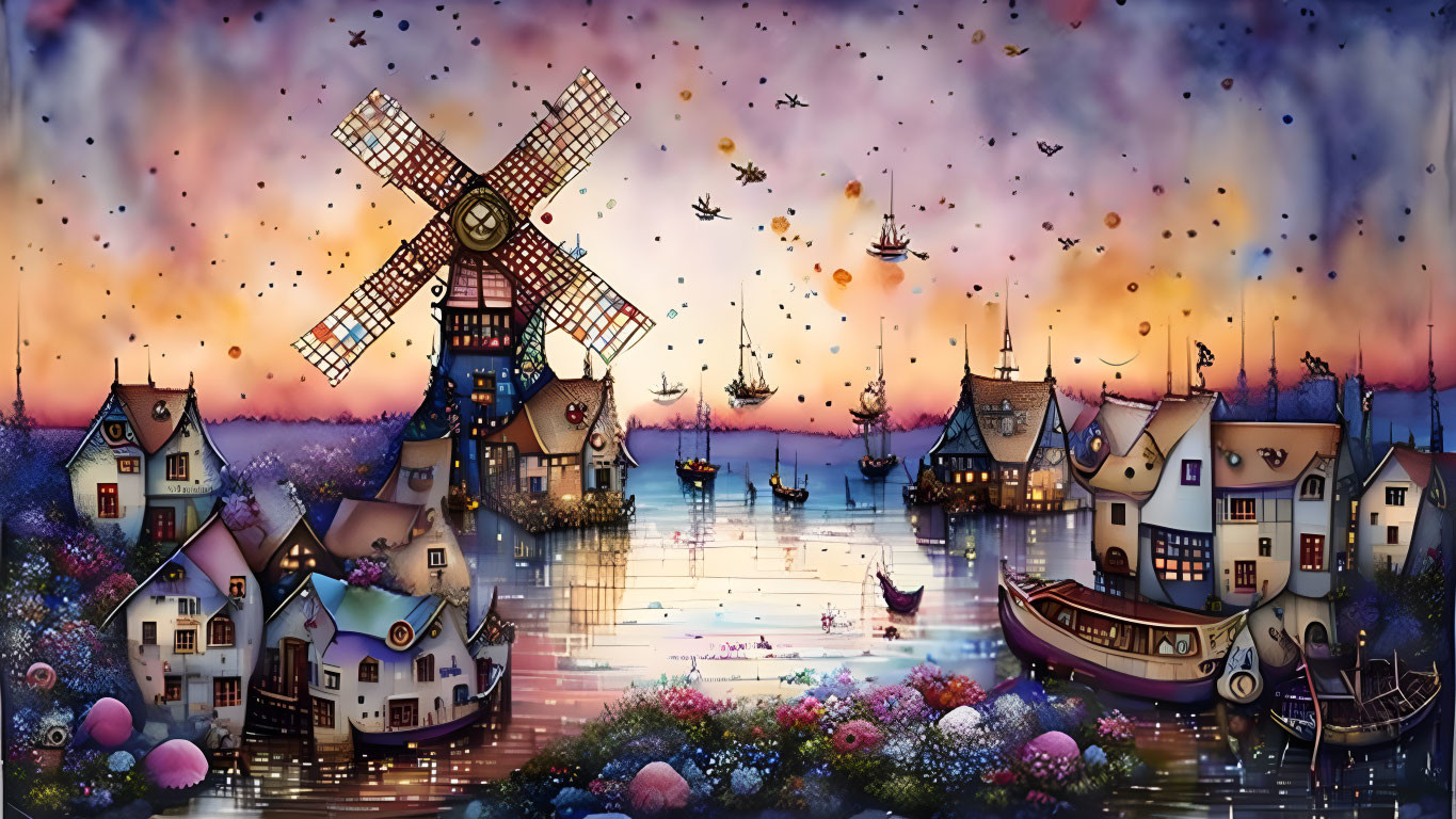 Vibrant twilight village scene with houses, windmill, and boats under starlit sky