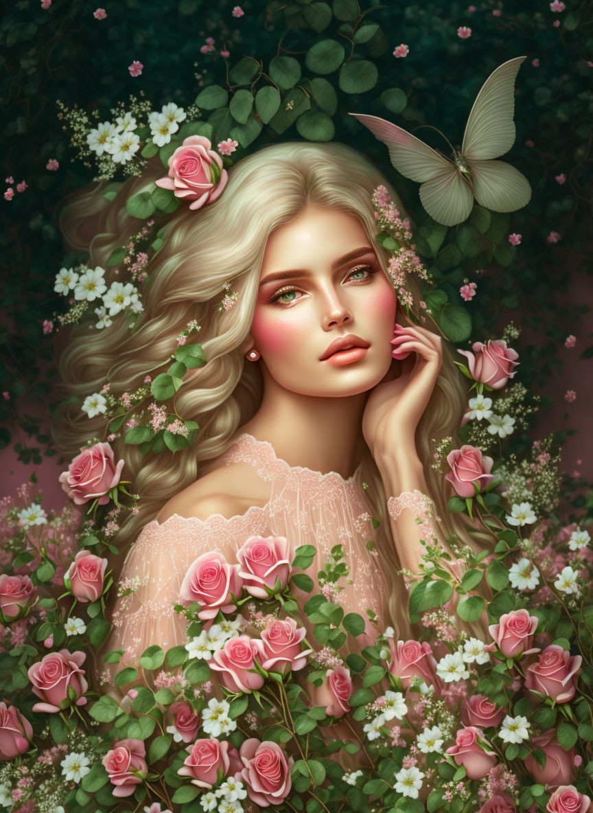 Portrait of woman with pale skin, blonde hair, pink roses, white flowers, butterfly, green foliage