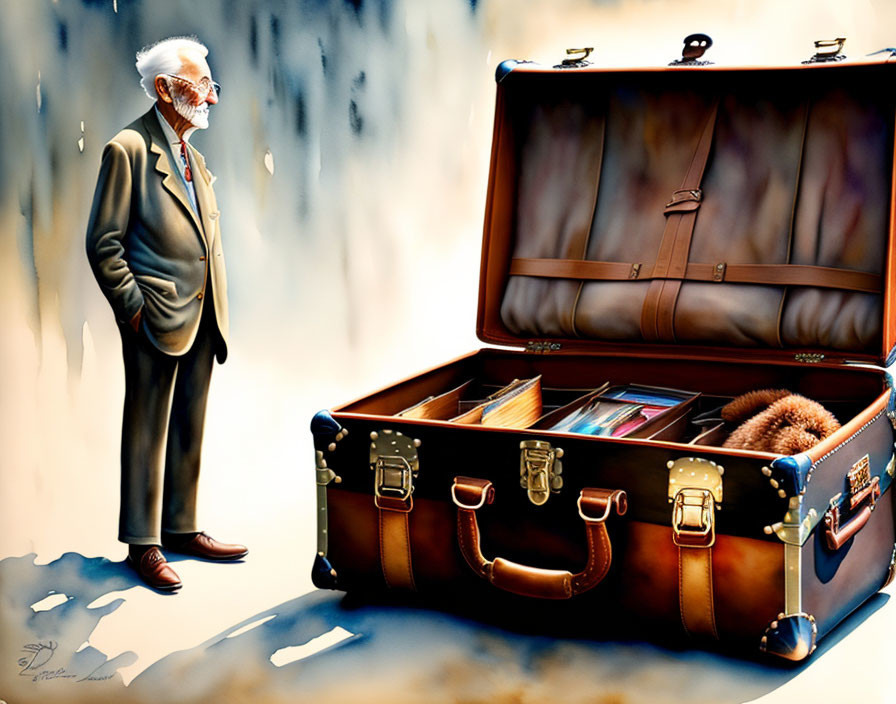 Elderly man with white beard next to open briefcase filled with books and items