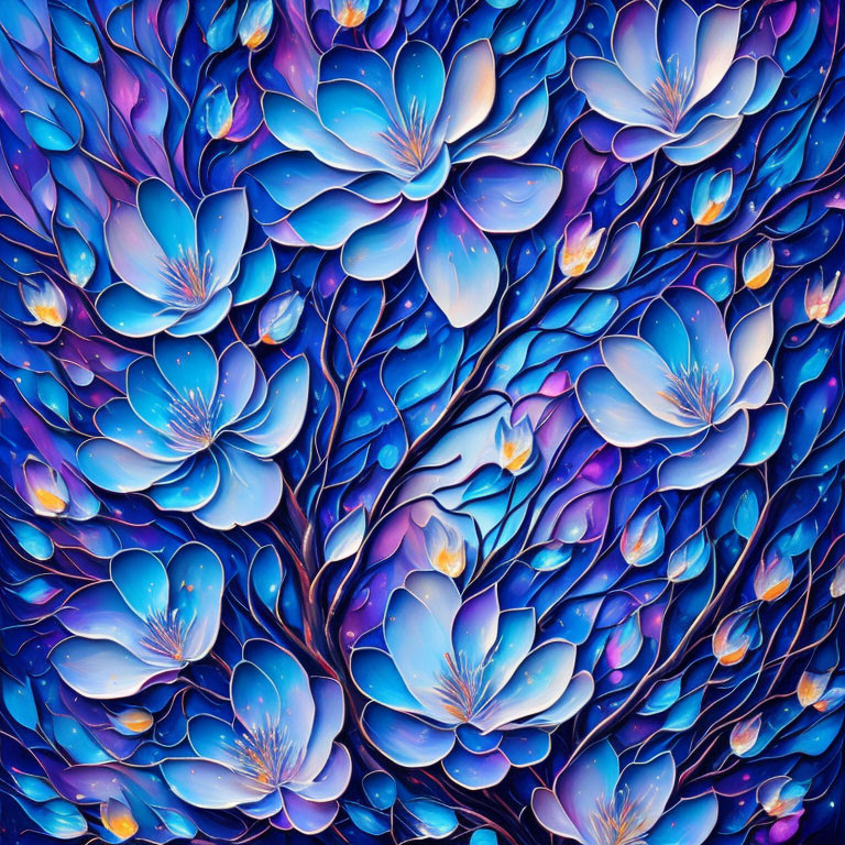 Symmetrical floral pattern in rich blues, purples, and hints of pink