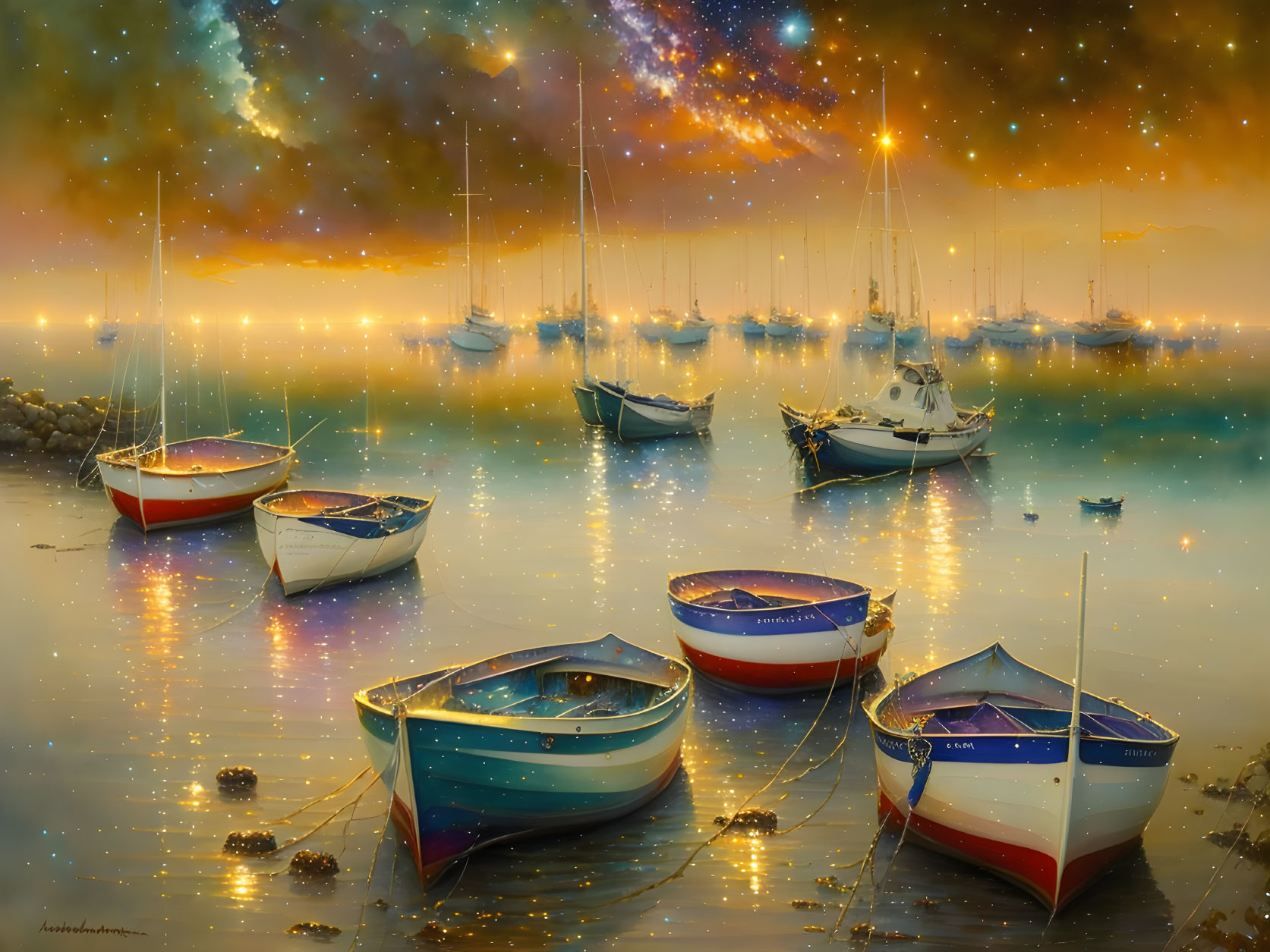 Starry sky over tranquil water with glowing boats