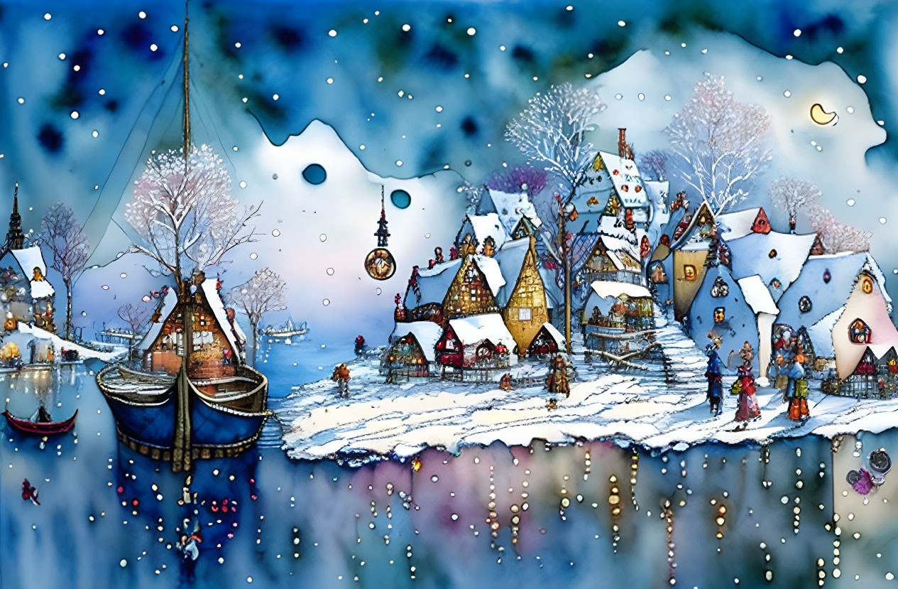 Colorful Winter Village Scene with Snowy Trees and Starry Sky