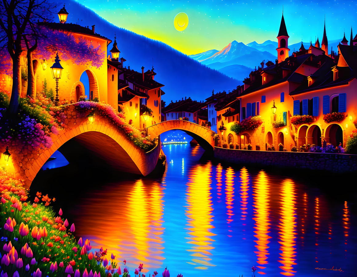 Colorful night scene of illuminated river town with arched bridge and starlit sky