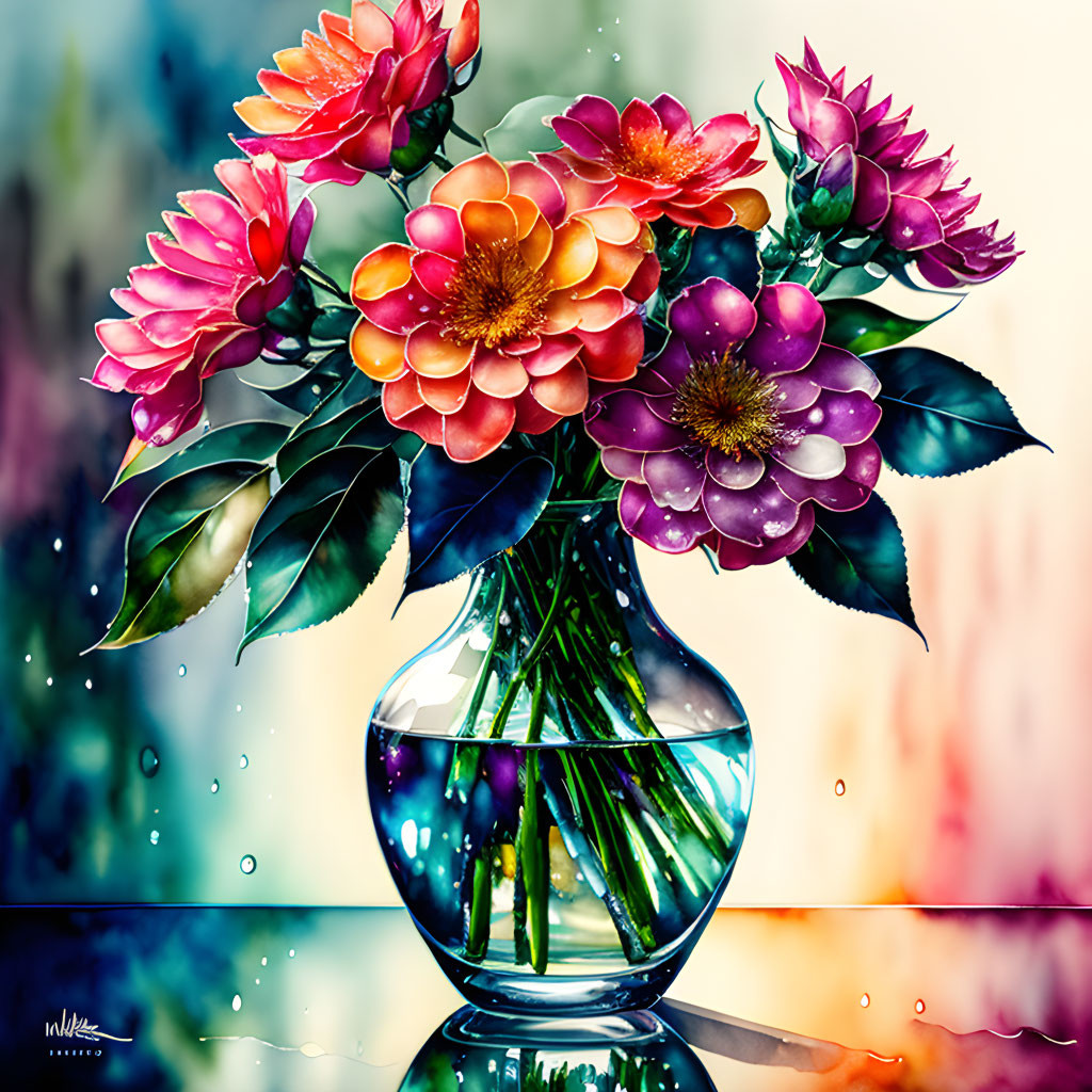 Colorful Stylized Flower Bouquet in Glass Vase on Water Droplet Background