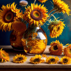 Sunflower bouquet in glass vase on wooden surface with scattered petals