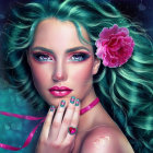 Digital painting of woman with blue eyes and pink rose in tousled hair against leafy backdrop