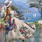 Woman in floral dress and hat admiring seaside village with sailboats on sunny day