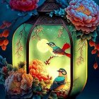 Colorful Birds and Flowers in Glowing Portal Artwork