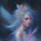 Ethereal woman with angel wings in mystical night setting