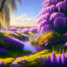 Radiant Purple Flowers in Serene River Landscape