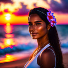 Woman with flower in hair gazes at camera during ocean sunset.