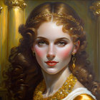 Portrait of a young woman with curly auburn hair and blue eyes in gold ruffled dress.