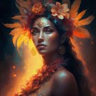 Woman adorned with feathered headdress and flowers under sunset sky