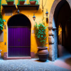 Charming cobblestone alley with yellow walls, purple door, and green plants