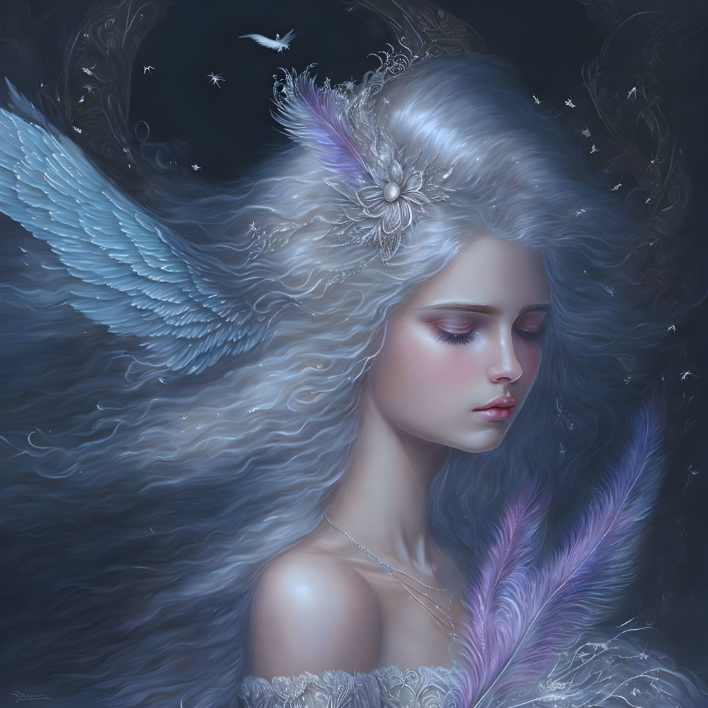 Ethereal woman with angel wings in mystical night setting