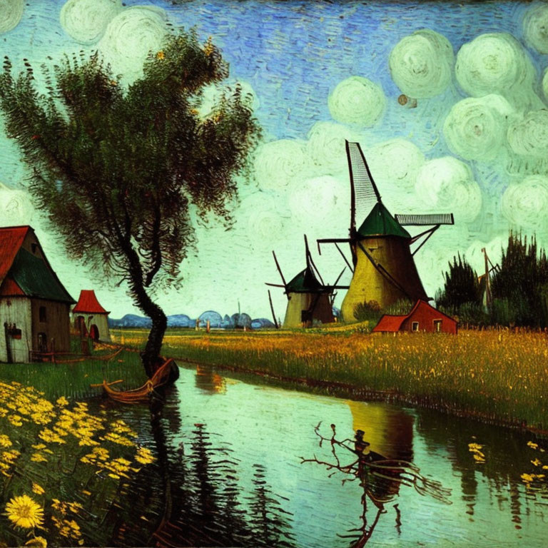 Rural landscape painting with windmills, willow tree, river, boat, and yellow flower