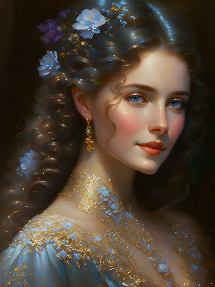 Detailed digital painting of woman with ornate floral hair and gold embroidery.