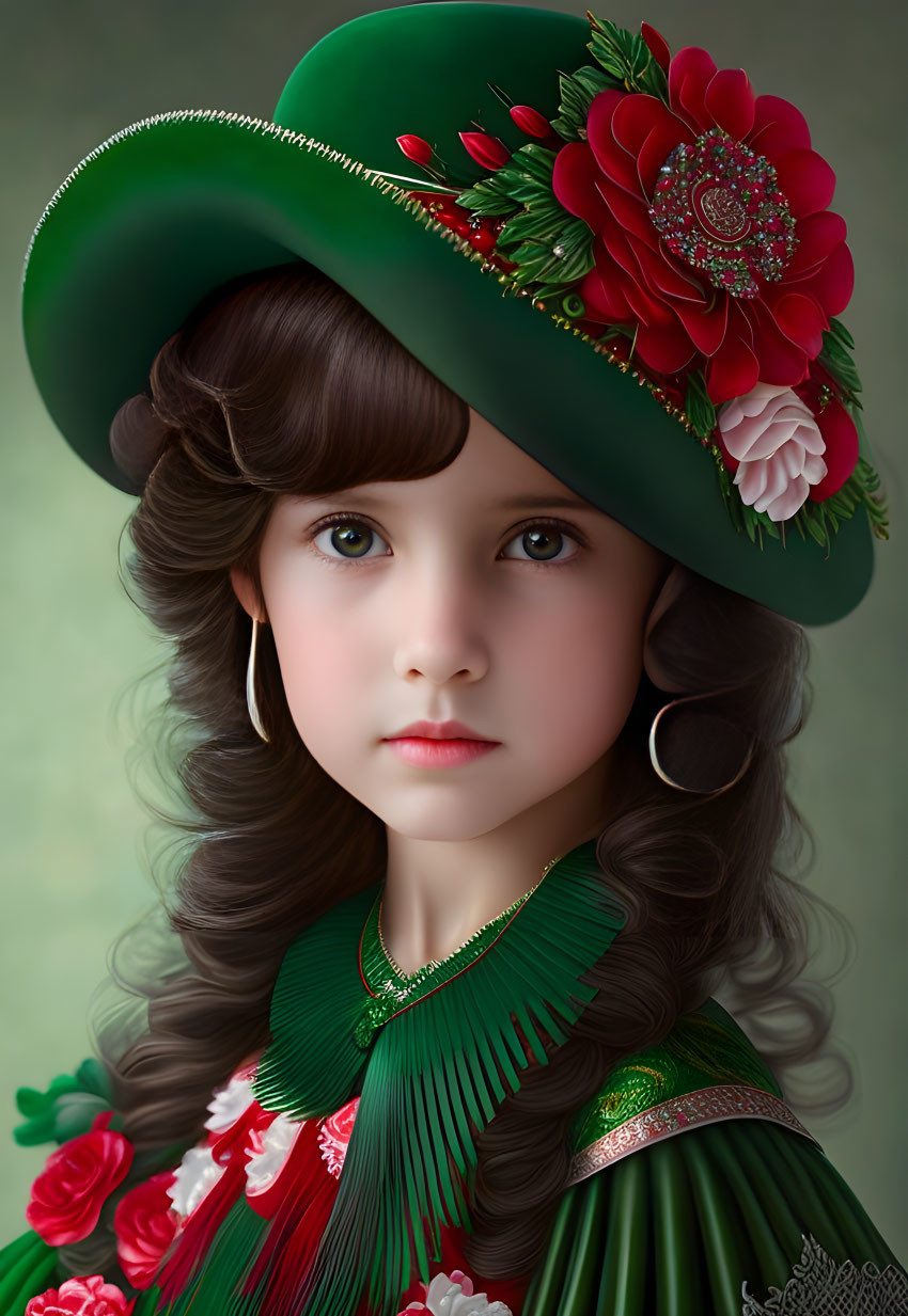 Young girl digital artwork with wavy brown hair and green hat.