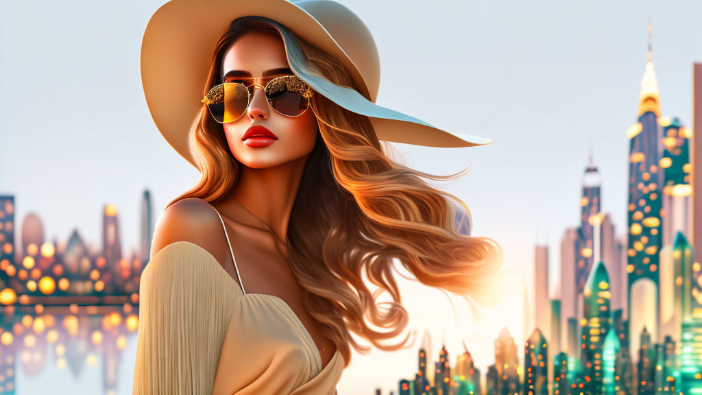 Glamorous woman with sunglasses and wide-brimmed hat in cityscape sunset scene